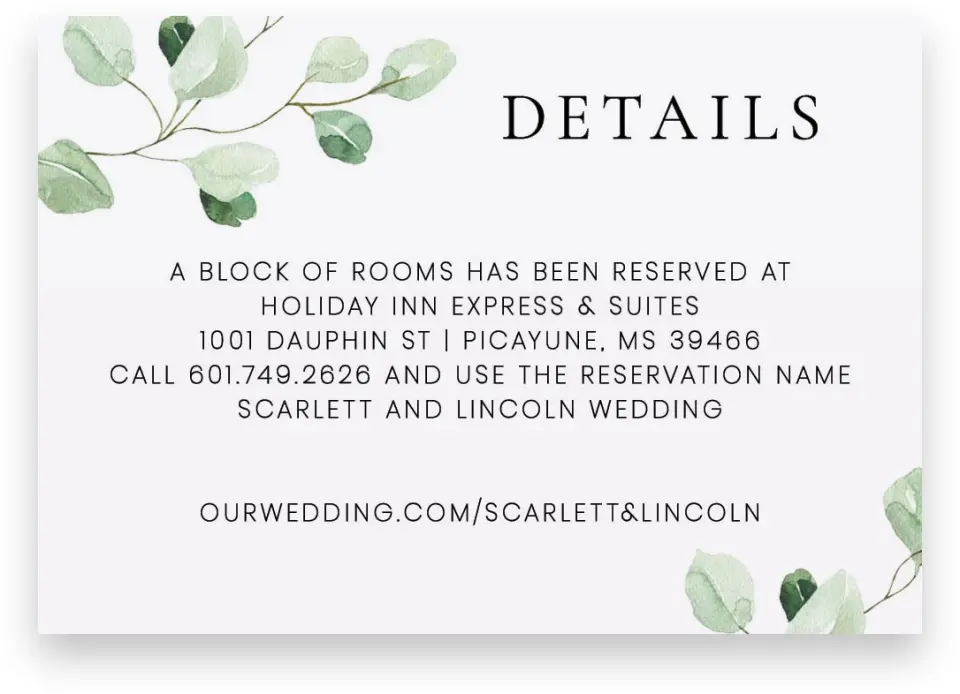 This is a 5" x 3½" Wedding Invitation Enclosure Card called Sweet Greenery printed in full color on Premium Smooth paper