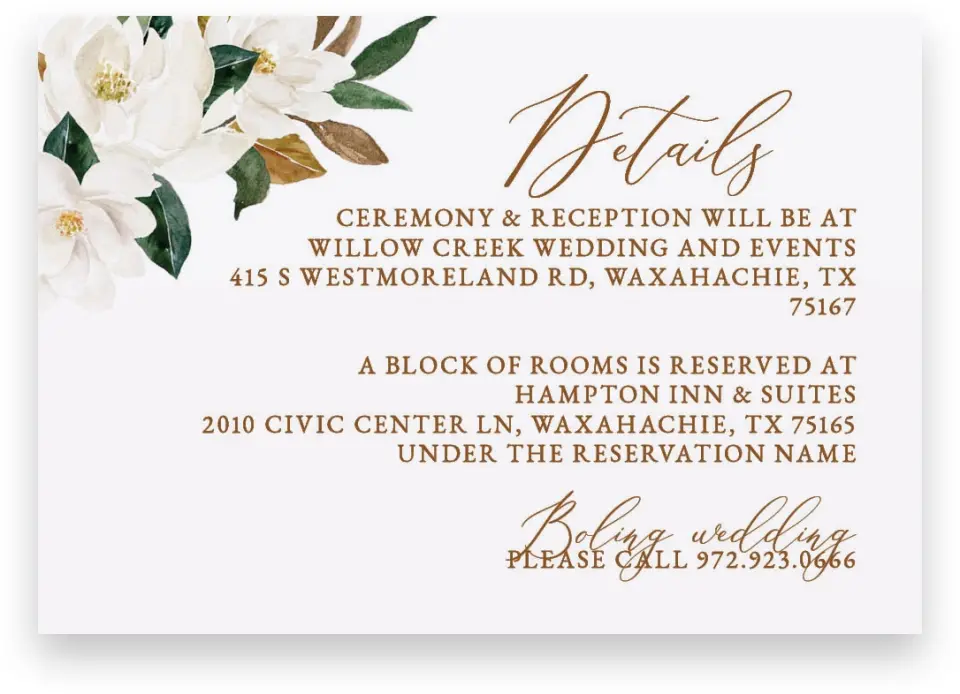 This is a 5" x 3½" Wedding Invitation Enclosure Card called Soft Magnolia printed in full color on Premium Smooth paper