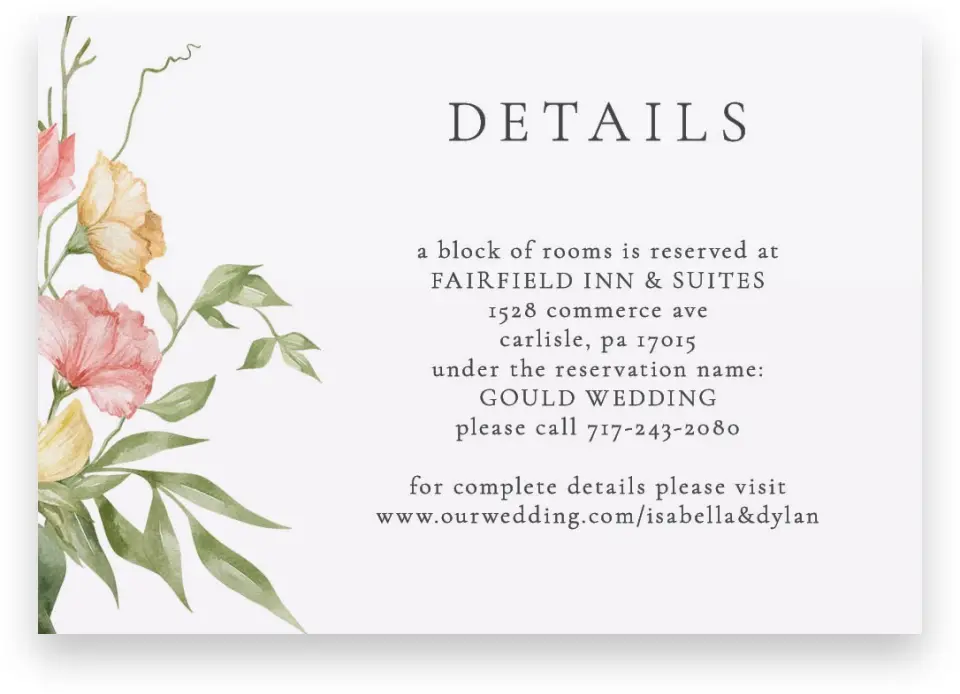 This is a 5" x 3½" Wedding Invitation Enclosure Card called Secluded Blooms printed in full color on Premium Smooth paper