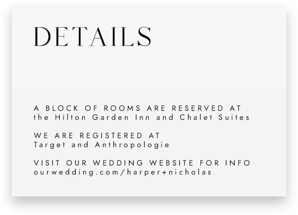 This is a 5" x 3½" Wedding Invitation Enclosure Card called Spacious Idea printed in full color on Premium Smooth paper