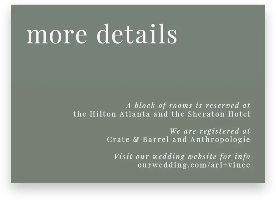 This is a 5" x 3½" Wedding Invitation Enclosure Card called Darling Digest printed in full color on Premium Smooth paper