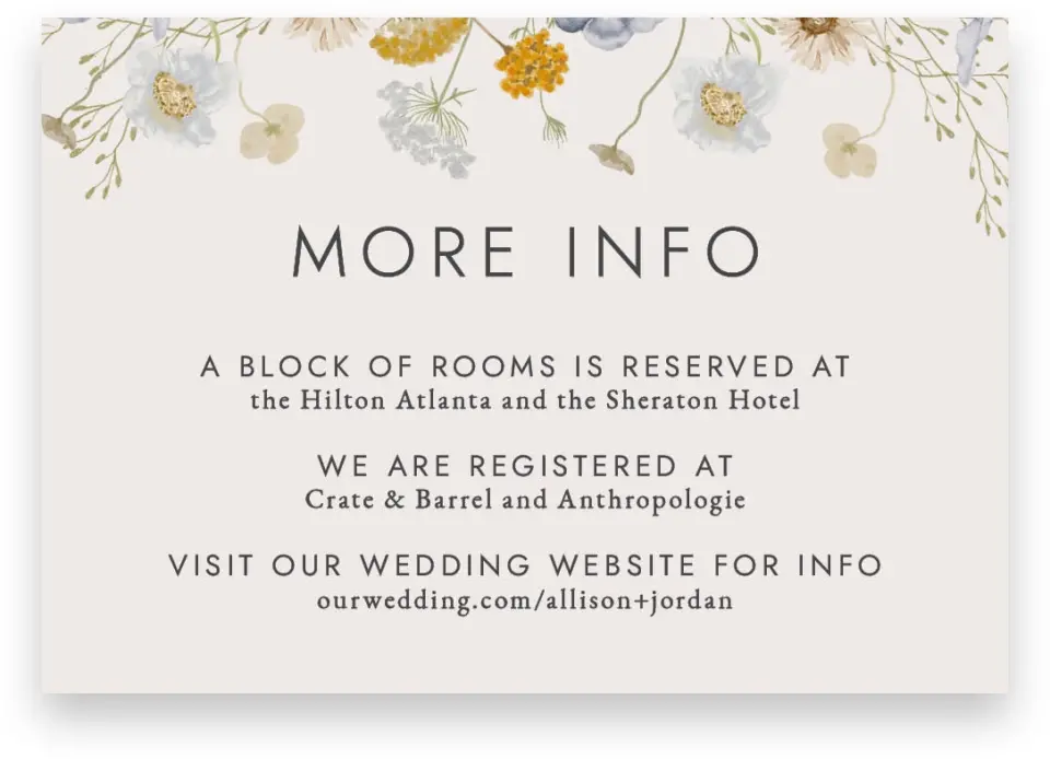 This is a 5" x 3½" Wedding Invitation Enclosure Card called Tender Blooms printed in full color on Premium Smooth paper