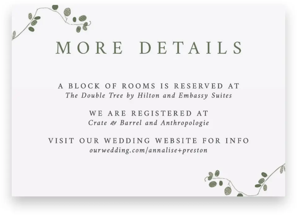 This is a 5" x 3½" Wedding Invitation Enclosure Card called Fresh Tendrils printed in full color on Premium Smooth paper