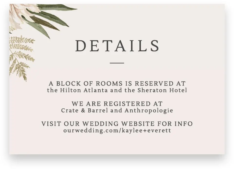 This is a 5" x 3½" Wedding Invitation Enclosure Card called Serene Flora printed in full color on Premium Smooth paper