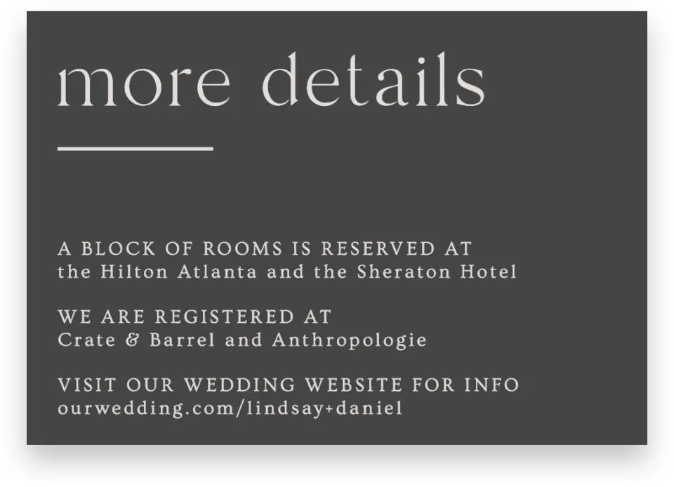 This is a 5" x 3½" Wedding Invitation Enclosure Card called Simple Gathering printed in full color on Premium Smooth paper