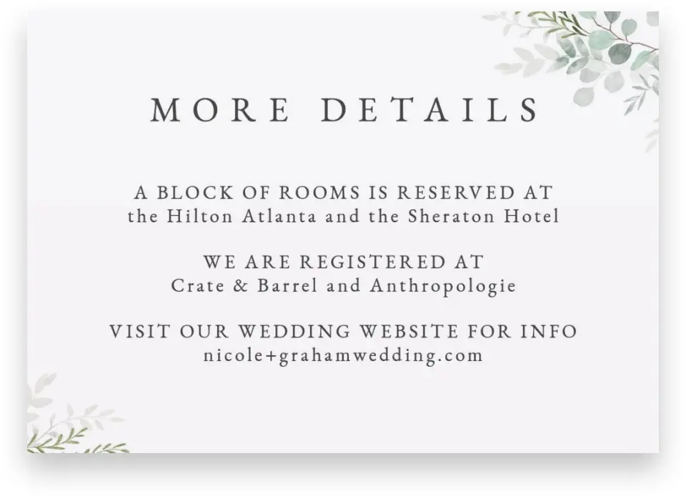 This is a 5" x 3½" Wedding Invitation Enclosure Card called Elegant Greenery printed in full color on Premium Smooth paper