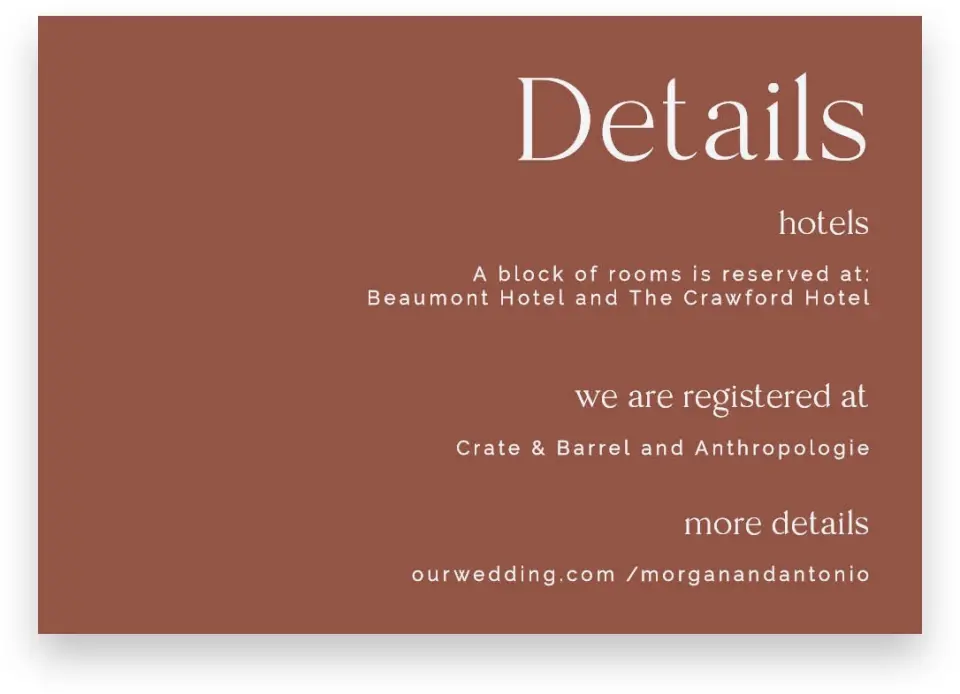 This is a 5" x 3½" Wedding Invitation Enclosure Card called The Morgan printed in full color on Premium Smooth paper