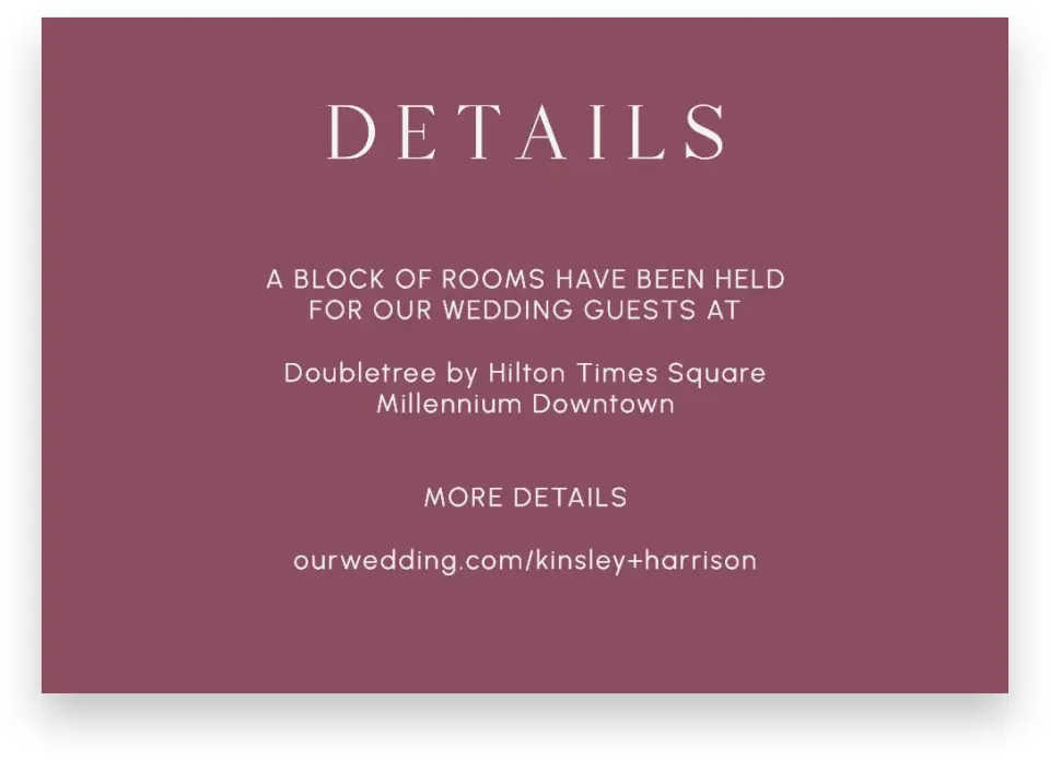 This is a 5" x 3½" Wedding Invitation Enclosure Card called The Kinsley printed in full color on Premium Smooth paper