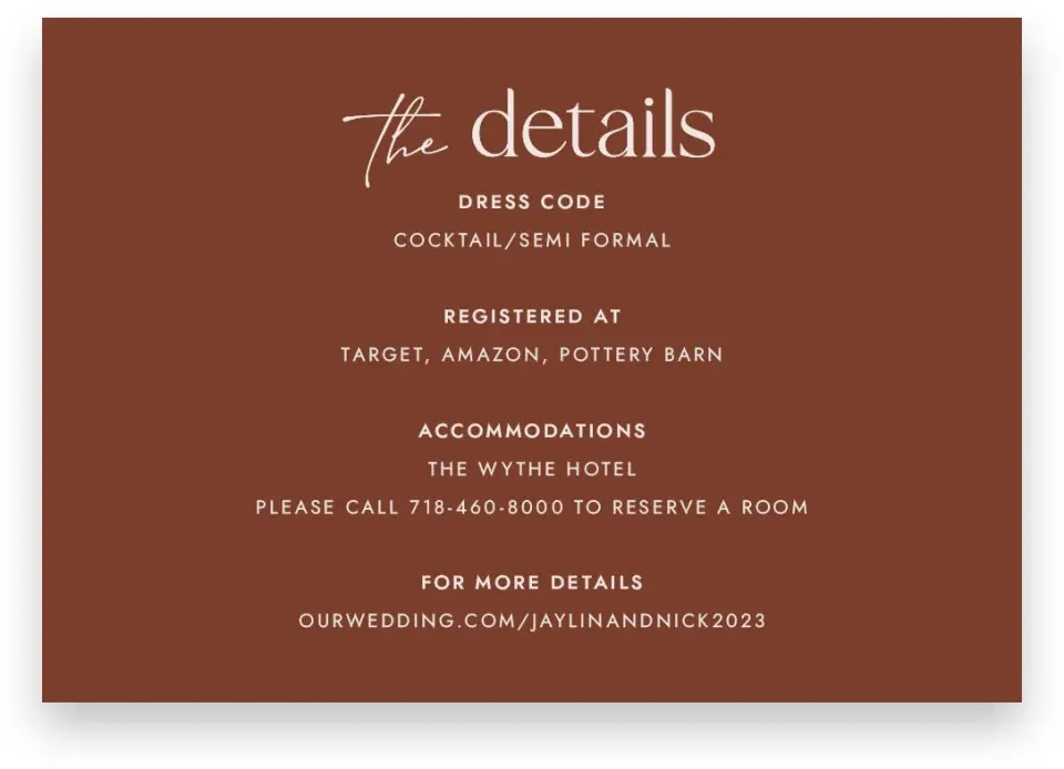 This is a 5" x 3½" Wedding Invitation Enclosure Card called The Jaylin printed in full color on Premium Smooth paper