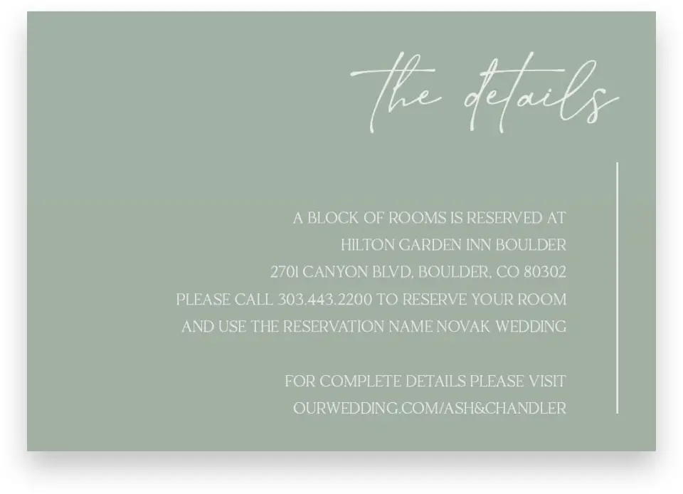 This is a 5" x 3½" Wedding Invitation Enclosure Card called The Ashlynn printed in full color on Premium Smooth paper