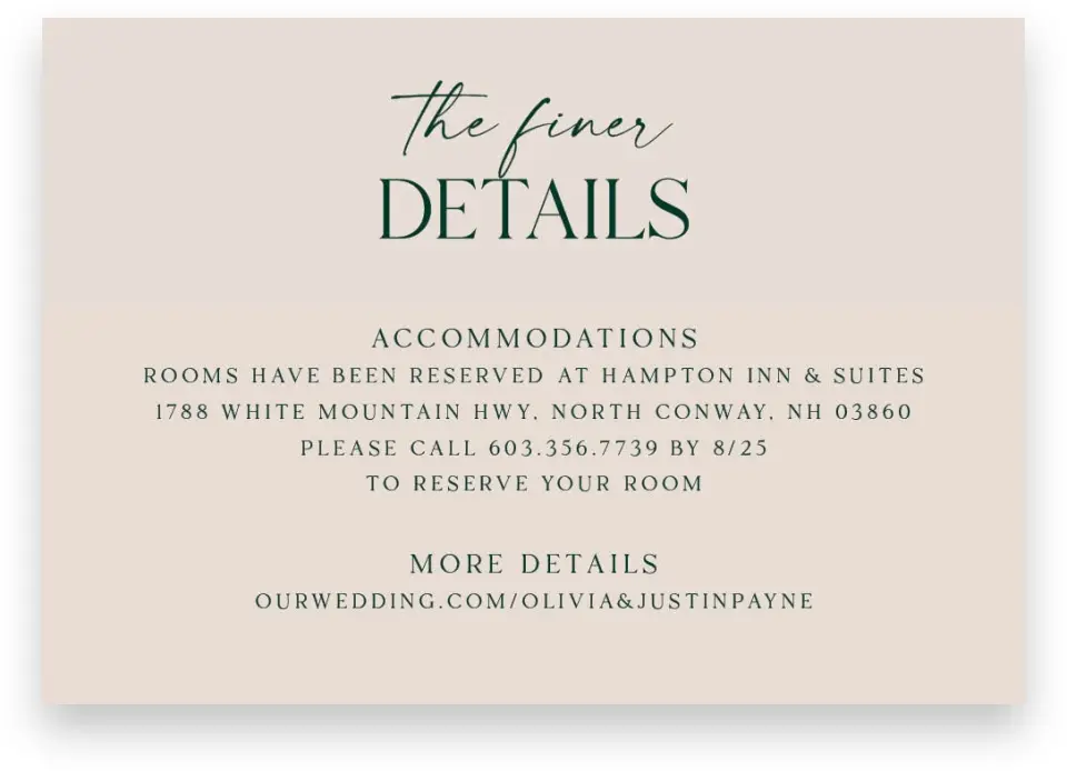 This is a 5" x 3½" Wedding Invitation Enclosure Card called The Olivia printed in full color on Premium Smooth paper