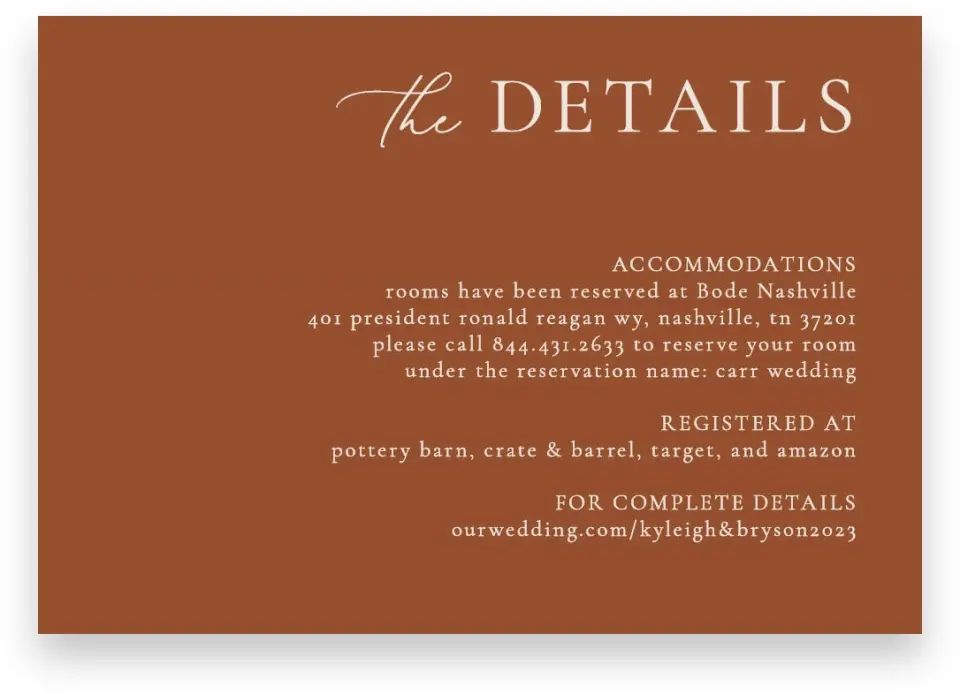 This is a 5" x 3½" Wedding Invitation Enclosure Card called The Kyleigh printed in full color on Premium Smooth paper