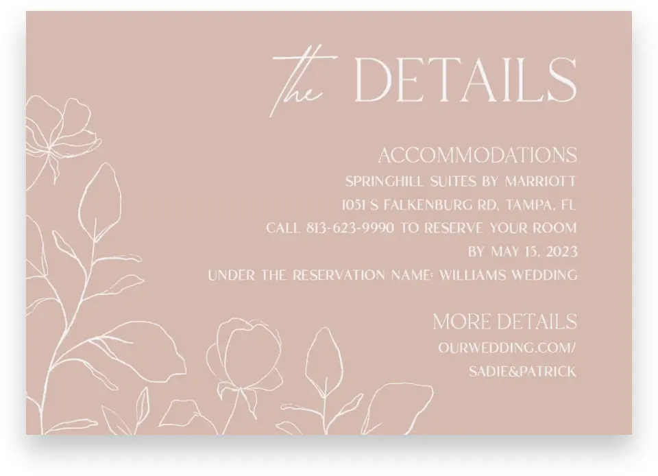 This is a 5" x 3½" Wedding Invitation Enclosure Card called The Sadie printed in full color on Premium Smooth paper