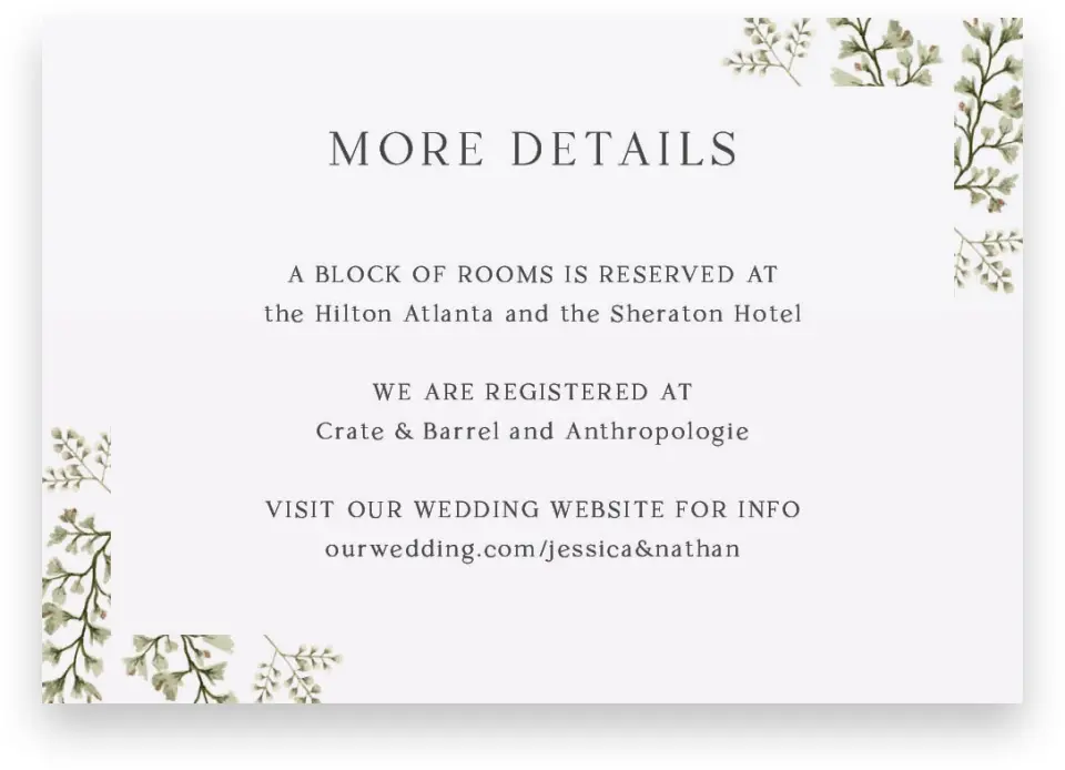 This is a 5" x 3½" Wedding Invitation Enclosure Card called Leaves of Love printed in full color on Premium Smooth paper
