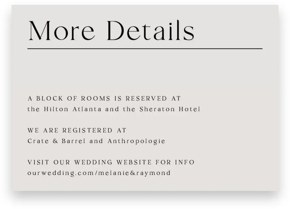 This is a 5" x 3½" Wedding Invitation Enclosure Card called Styled Lines printed in full color on Premium Smooth paper