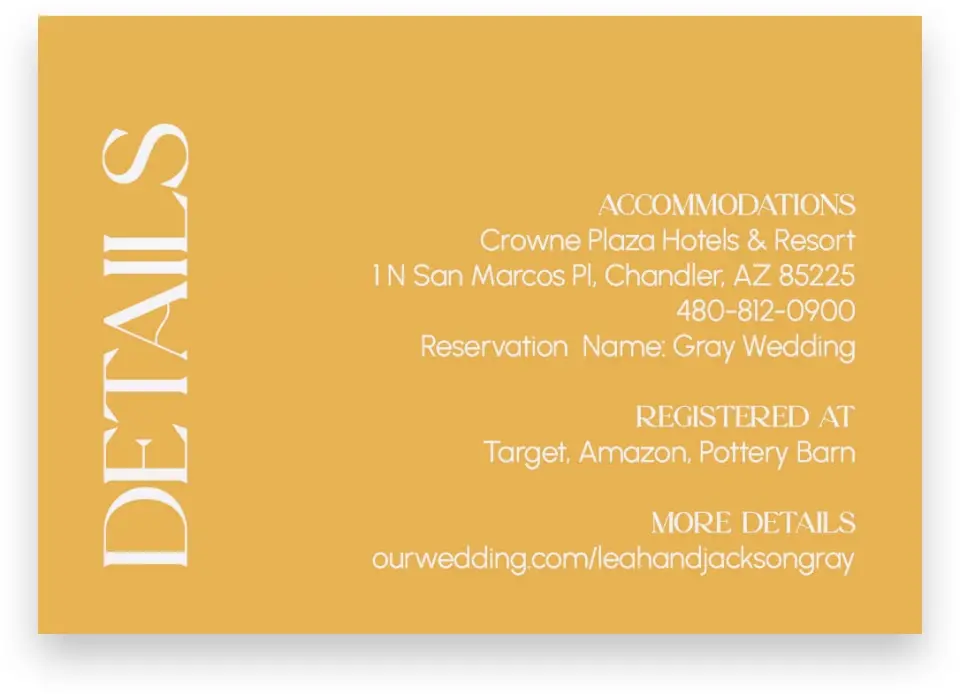 This is a 5" x 3½" Wedding Invitation Enclosure Card called The Leah printed in full color on Premium Smooth paper