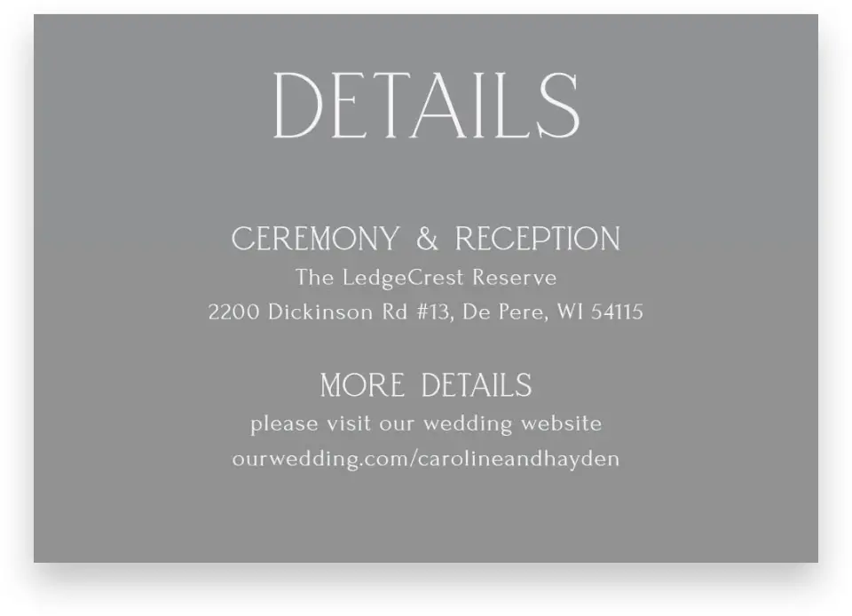 This is a 5" x 3½" Wedding Invitation Enclosure Card called The Caroline printed in full color on Premium Smooth paper