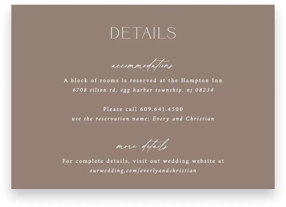 This is a 5" x 3½" Wedding Invitation Enclosure Card called The Everly printed in full color on Premium Smooth paper