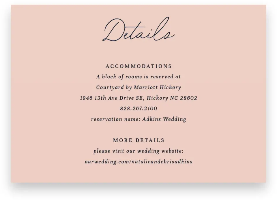 This is a 5" x 3½" Wedding Invitation Enclosure Card called The Natalie printed in full color on Premium Smooth paper
