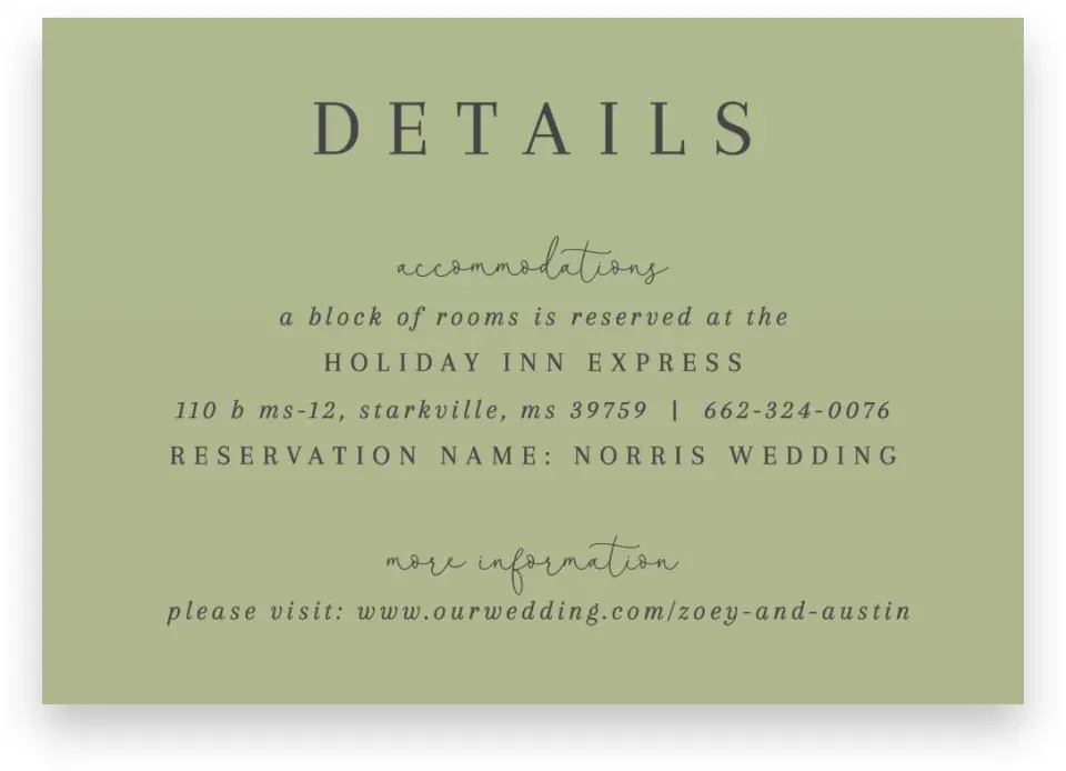 This is a 5" x 3½" Wedding Invitation Enclosure Card called The Zoey printed in full color on Premium Smooth paper