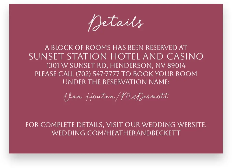 This is a 5" x 3½" Wedding Invitation Enclosure Card called Mauvelous printed in full color on Premium Smooth paper