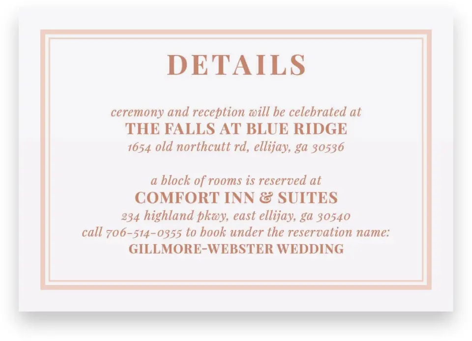This is a 5" x 3½" Wedding Invitation Enclosure Card called Gorgeous Blush printed in full color on Premium Smooth paper