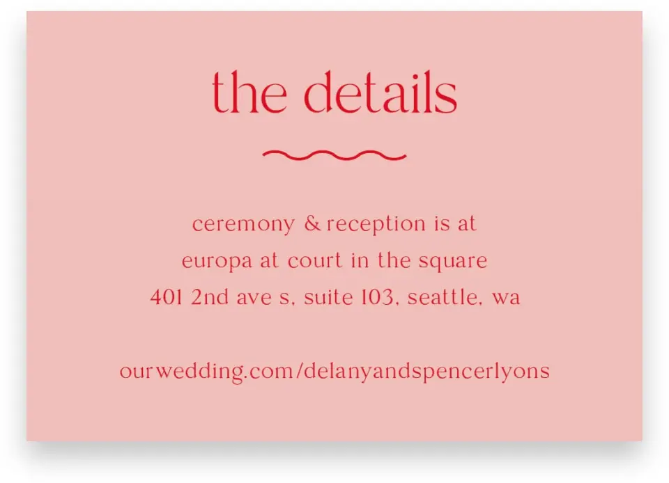 This is a 5" x 3½" Wedding Invitation Enclosure Card called The Delaney printed in full color on Premium Smooth paper