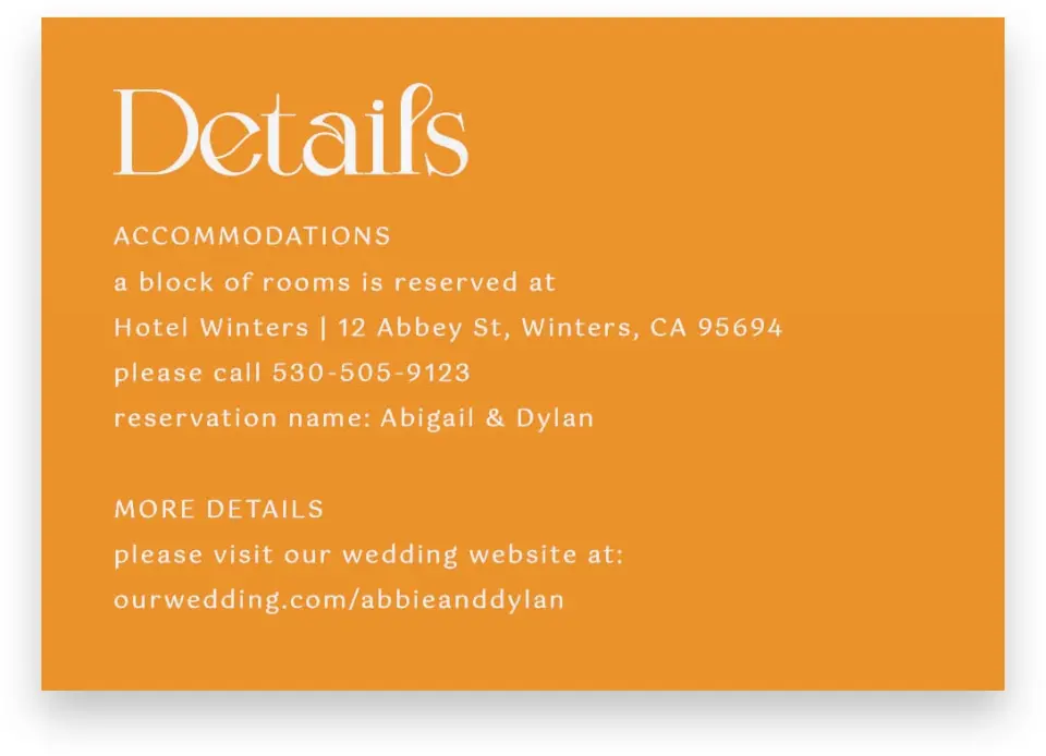This is a 5" x 3½" Wedding Invitation Enclosure Card called The Abigail printed in full color on Premium Smooth paper