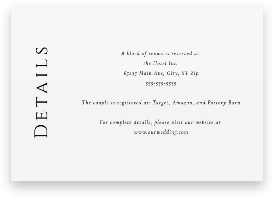 This is a 5" x 3½" Wedding Invitation Enclosure Card called Classic Romance printed in full color with Silver foil on Luxe Satin (coated) paper