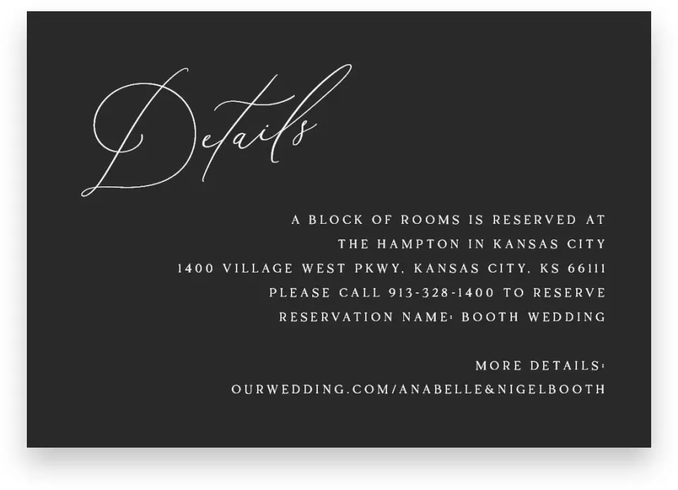 This is a 5" x 3½" Wedding Invitation Enclosure Card called The Anabelle printed in full color with Silver foil on Luxe Satin (coated) paper