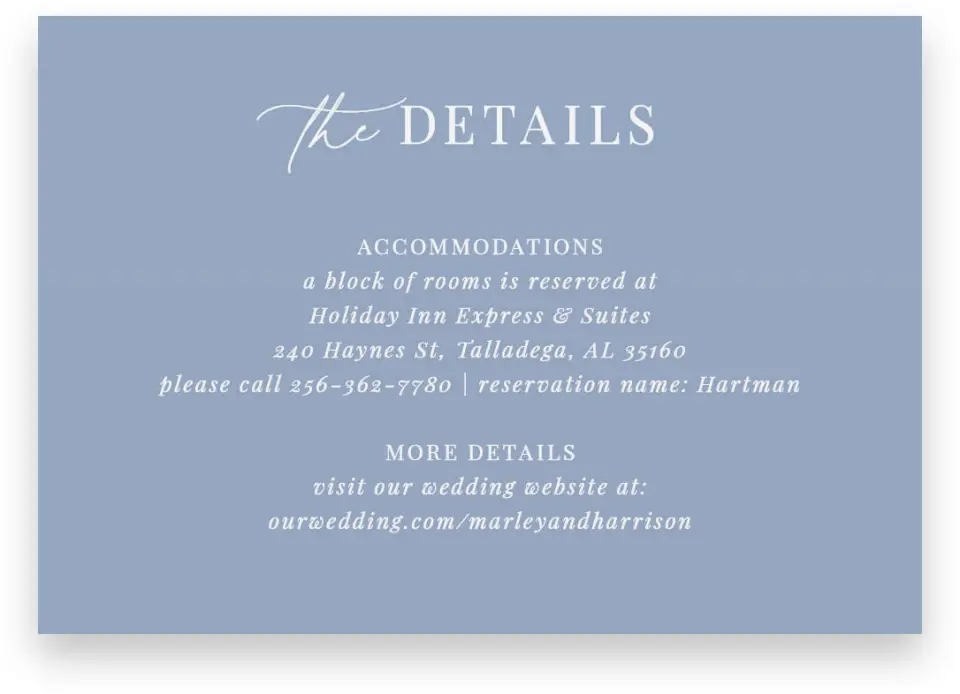 This is a 5" x 3½" Wedding Invitation Enclosure Card called Blue Blossoms printed in full color on Premium Smooth paper