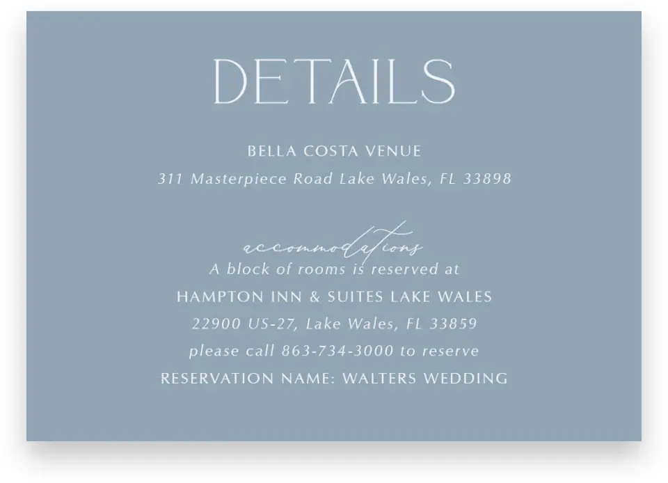 This is a 5" x 3½" Wedding Invitation Enclosure Card called The Victoria printed in full color with Rose Gold foil on Luxe Satin (coated) paper