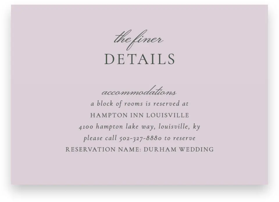 This is a 5" x 3½" Wedding Invitation Enclosure Card called The Adaline printed in full color with Silver foil on Luxe Satin (coated) paper