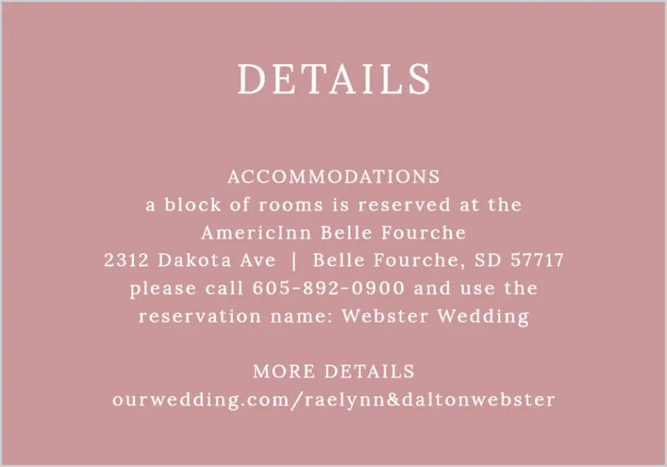 This is a 5" x 3½" Wedding Invitation Enclosure Card called Blushing Rose printed in full color with Rose Gold foil on Luxe Satin (coated) paper