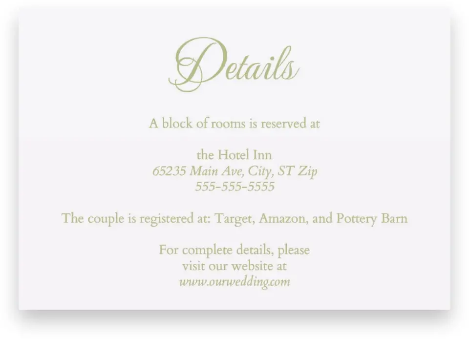 This is a 5" x 3½" Wedding Invitation Enclosure Card called Southern Belle printed in full color on Premium Smooth paper