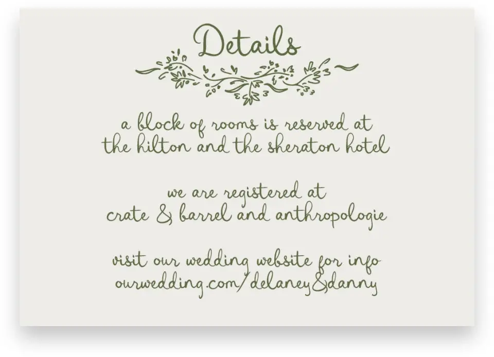 This is a 5" x 3½" Wedding Invitation Enclosure Card called Sweet Woodland printed in full color on Premium Smooth paper
