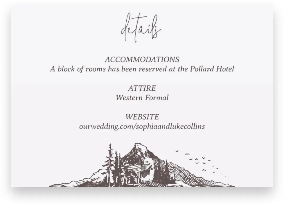 This is a 5" x 3½" Wedding Invitation Enclosure Card called Mountain Bliss printed in full color on Premium Smooth paper
