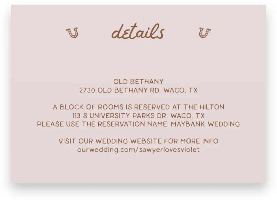This is a 5" x 3½" Wedding Invitation Enclosure Card called Western Whimsy printed in full color on Premium Smooth paper