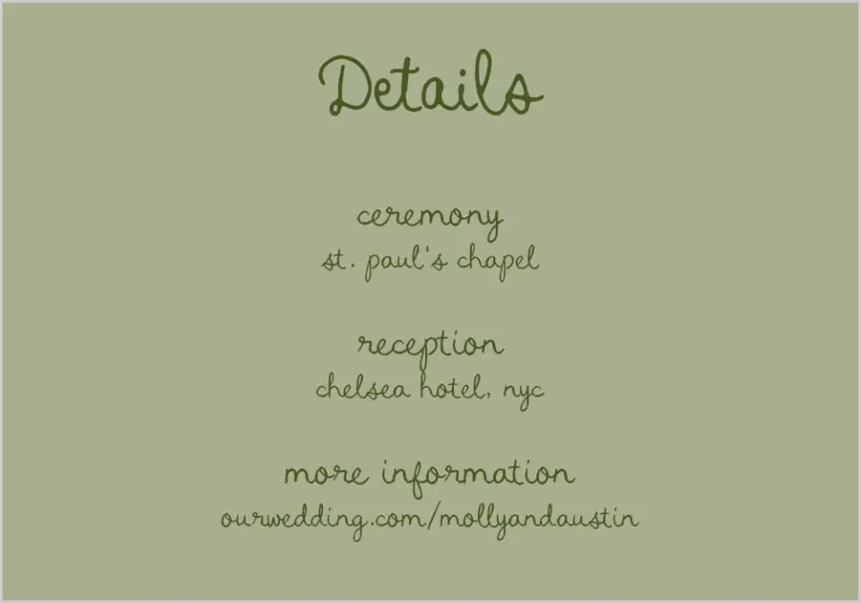 This is a 5" x 3½" Wedding Invitation Enclosure Card called Evergreen Elegance printed in full color on Premium Smooth paper