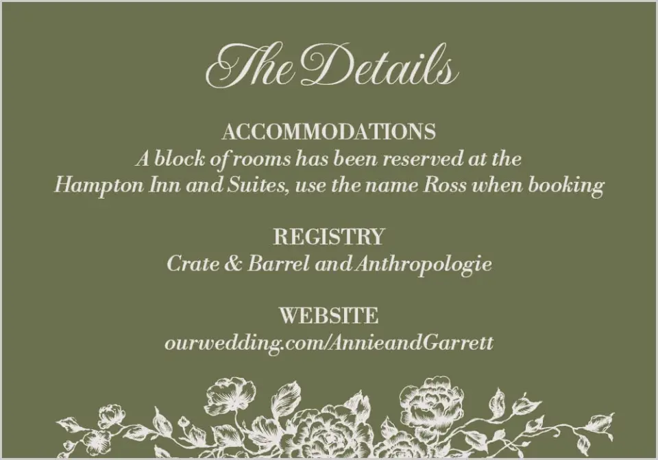 This is a 5" x 3½" Wedding Invitation Enclosure Card called Meadow of Merriment printed in full color on Premium Smooth paper