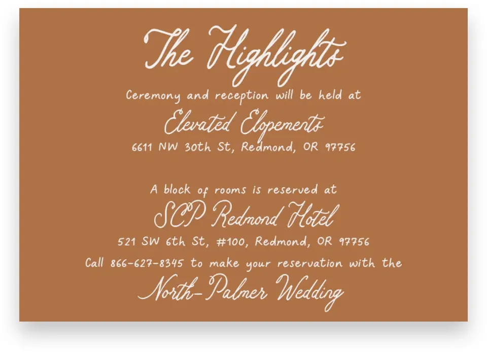 This is a 5" x 3½" Wedding Invitation Enclosure Card called Elevated Adventures printed in full color on Premium Smooth paper