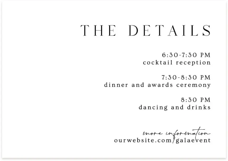 This is a 5" x 3½" Gala Invitation Enclosure Card called Starlight Gala printed in full color on Premium Smooth paper