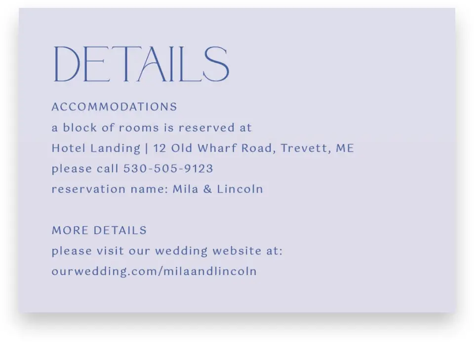 This is a 5" x 3½" Wedding Invitation Enclosure Card called The Mila printed in full color on Premium Smooth paper