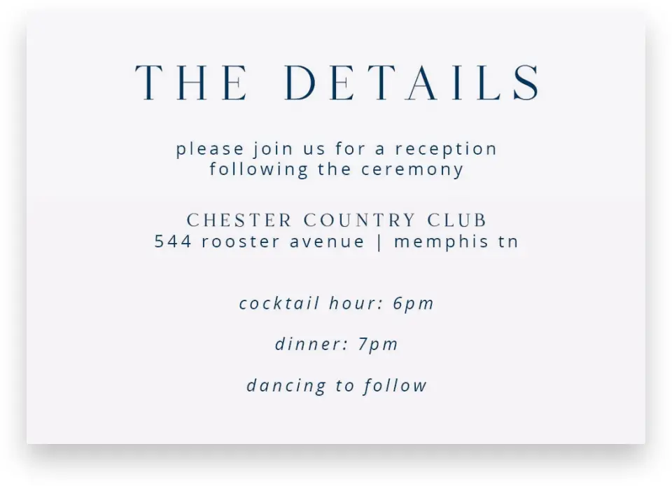 This is a 5" x 3½" Wedding Invitation Enclosure Card called The Addison printed in full color on Premium Smooth paper