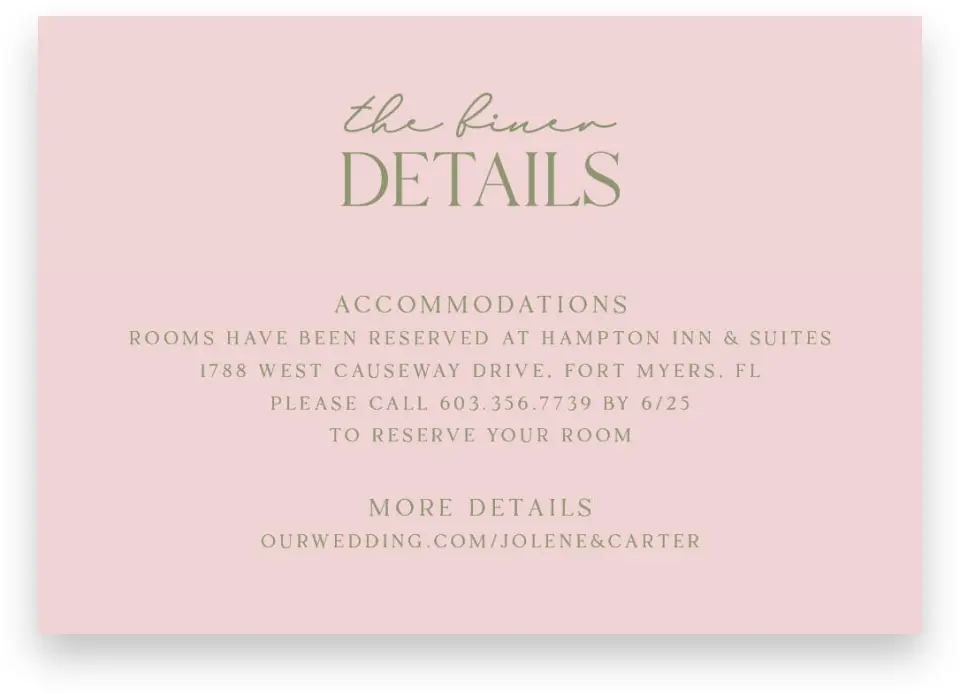 This is a 5" x 3½" Wedding Invitation Enclosure Card called The Jolene printed in full color on Premium Smooth paper
