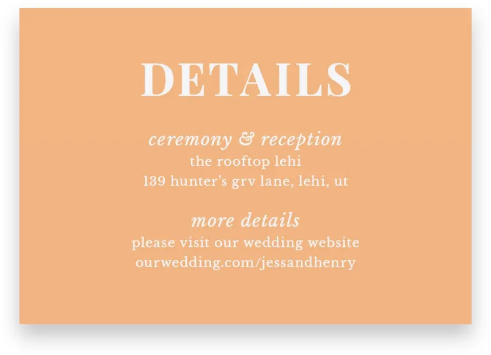 This is a 5" x 3½" Wedding Invitation Enclosure Card called The Jess printed in full color on Premium Smooth paper