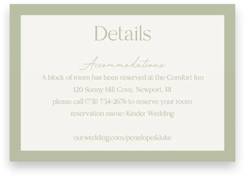 This is a 5" x 3½" Wedding Invitation Enclosure Card called The Penelope printed in full color on Premium Smooth paper