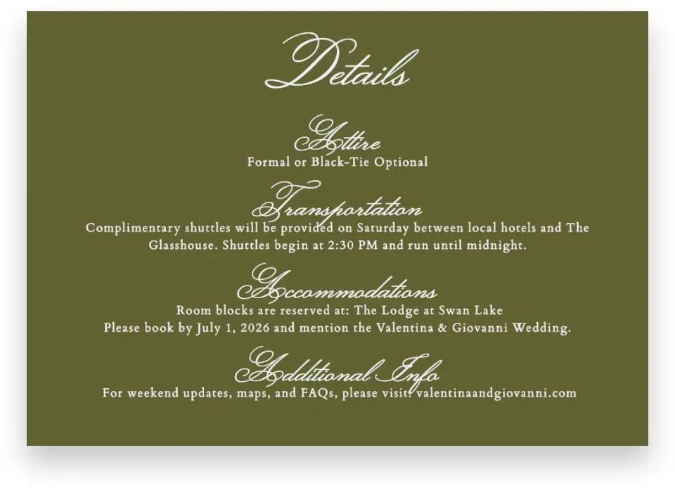 This is a 5" x 3½" Wedding Invitation Enclosure Card called Holloway printed in full color with Gold foil on Luxe Satin (coated) paper