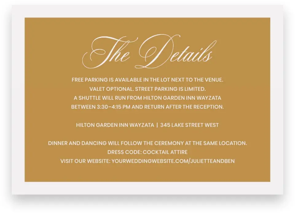 This is a 5" x 3½" Wedding Invitation Enclosure Card called Wayzata printed in full color on Premium Smooth paper