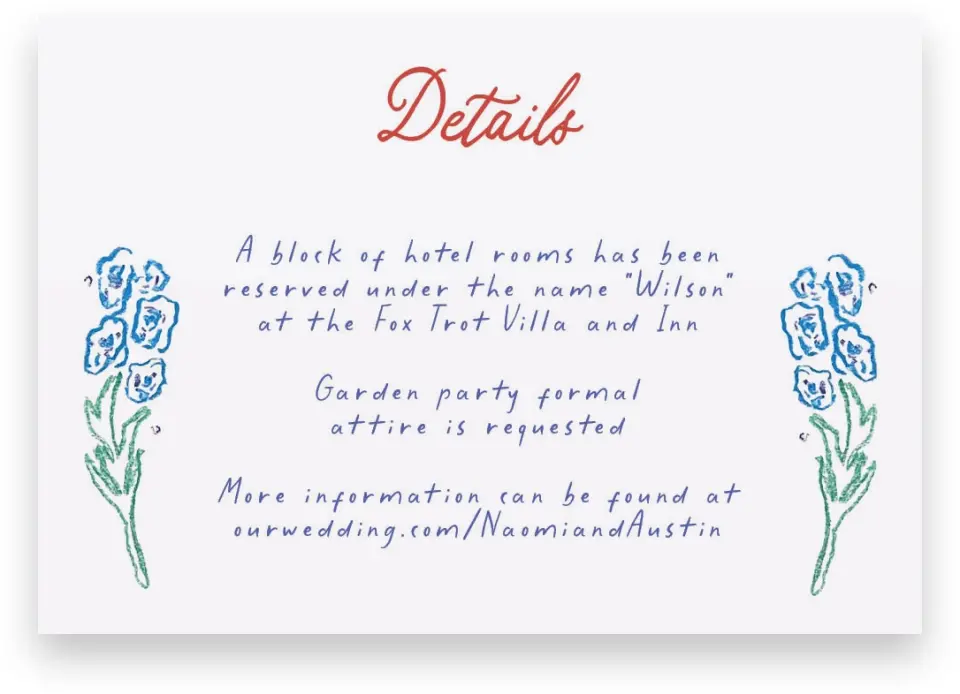 This is a 5" x 3½" Wedding Invitation Enclosure Card called Whimsy Love printed in full color on Premium Smooth paper